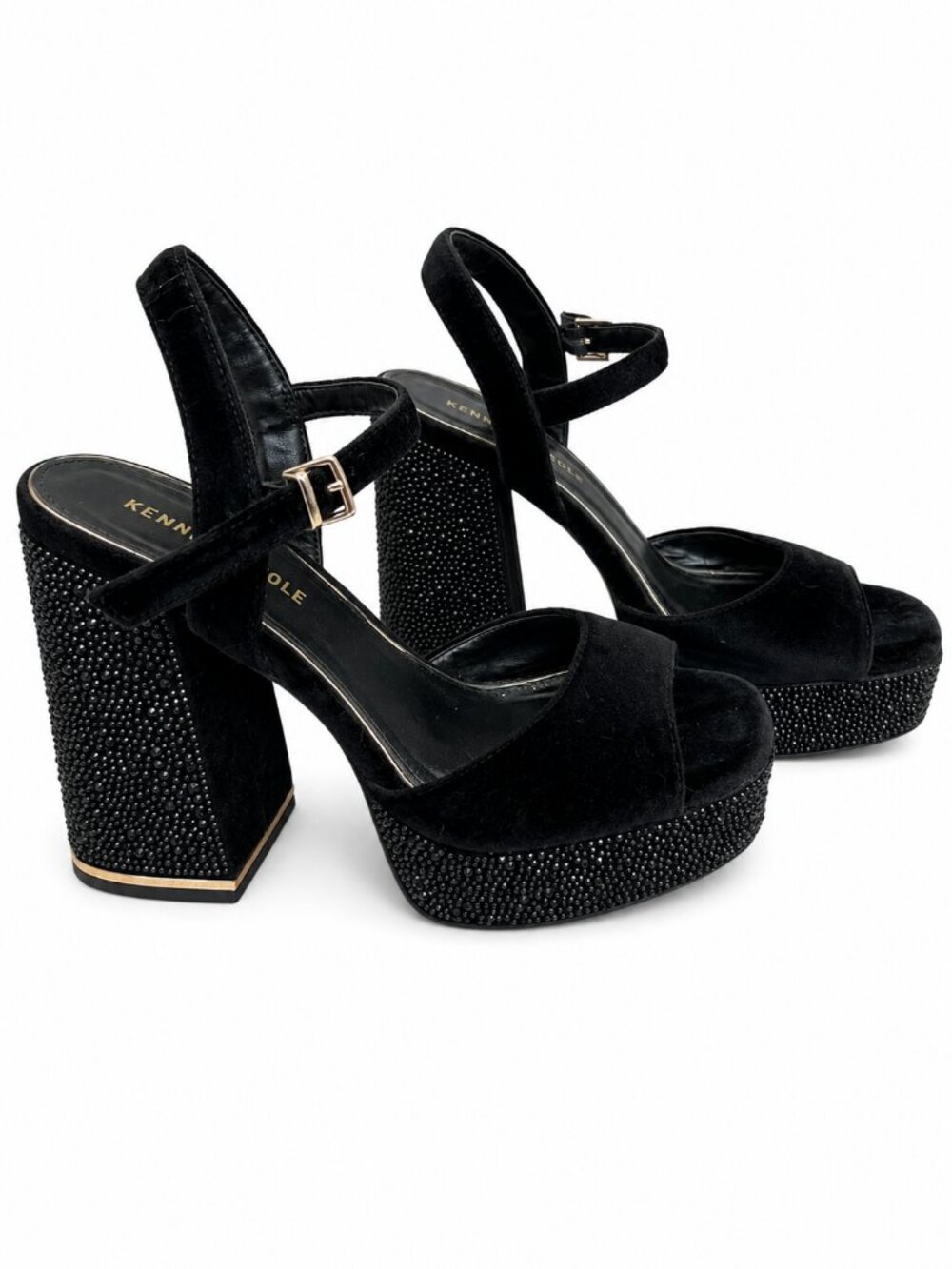 Kenneth Cole Black Suede Rhinestone Platform Heels Women's Size 8.5 5"